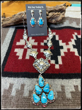 Load image into Gallery viewer, Clem Nalwood Navajo silversmith.  Sterling silver and Kingman turquoise cluster necklace set.