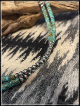 Load image into Gallery viewer, Sterling silver "pearl" bead and Kingman turquoise Heishie bead necklace. 16 inch and 18 inch necklaces available.