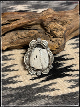 Load image into Gallery viewer, Emma Mae Linkin, Navajo silversmith.. White Buffalo and sterling silver ring. 
