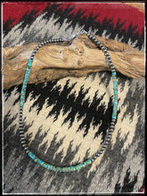 Load image into Gallery viewer, Sterling silver "pearl" bead and Kingman turquoise Heishie bead necklace. 16 inch and 18 inch necklaces available.