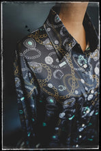 Load image into Gallery viewer, Cowboy deluxe pattern on a long sleeve button u shirt in satin. 
