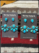 Load image into Gallery viewer, Debra Smith, Navajo silversmith. Sterling silver and Kingman turquoise half cluster drop earrings.