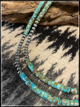 Load image into Gallery viewer, Sterling silver "pearl" bead and Kingman turquoise Heishie bead necklace. 16 inch and 18 inch necklaces available.