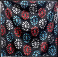 Load image into Gallery viewer, 100% silk scarf with rolled edges.  Black background with red, white, and blue cluster conchos.
