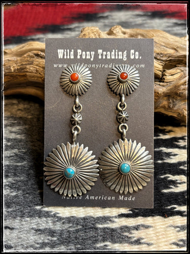 Verley Betone, Navajo silversmith. Coral and turquoise flower bloom concho earrings. 