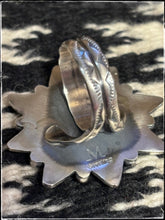 Load image into Gallery viewer, Jaunita Long, Navajo silversmith. Sterling silver starbust ring with an adjustable band. - hallmark
