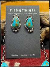 Load image into Gallery viewer, Freda Martinez, Navajo silversmith.  sterling silver and Kingman turquoise Y necklace set.   Earrings