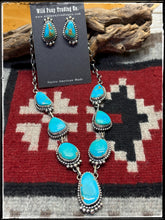Load image into Gallery viewer, Freda Martinez, Navajo silversmith.  sterling silver and Kingman turquoise Y necklace set.