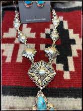 Load image into Gallery viewer, Clem Nalwood Navajo silversmith.  Sterling silver and Kingman turquoise cluster necklace set.