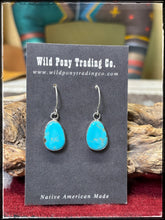 Load image into Gallery viewer, Rosemary Saunders, Navajo silversmith. Sterling silver and Sonoran Gem turquoise dangle earrings.