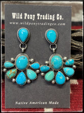 Load image into Gallery viewer, Debra Smith, Navajo silversmith. Sterling silver and Kingman turquoise half cluster drop earrings. Option B