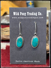 Load image into Gallery viewer, Rosemary Saunders, Navajo silversmith. Sterling silver and Sonoran Gem turquoise dangle earrings.