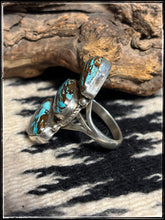 Load image into Gallery viewer, LaRose Ganadonegro, sterling silver and Candelaria turquoise 3 stone ring.
