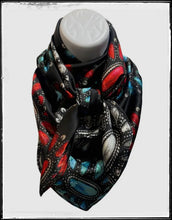 Load image into Gallery viewer, 100% silk scarf with rolled edges.  Black background with red, white, and blue cluster conchos.
