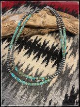 Load image into Gallery viewer, Sterling silver "pearl" bead and Kingman turquoise Heishie bead necklace. 16 inch and 18 inch necklaces available.