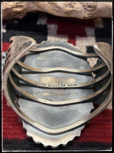 Load image into Gallery viewer, Kevin Billah , Navajo silversmith. MEGA Turquoise Cuff. Sterling silver, coral, and turquoise. Hallmark stamp.