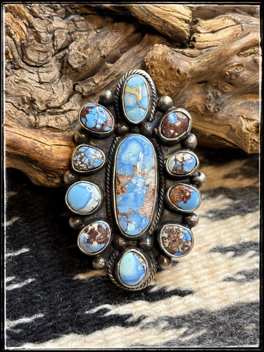 Sheila Tso, Navajo silversmith.  Golden Hills turquoise cluster ring.  
