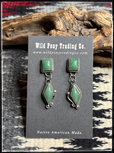 Chris Nez, Navajo silversmith.  Green agate and sterling silver earrings. 
