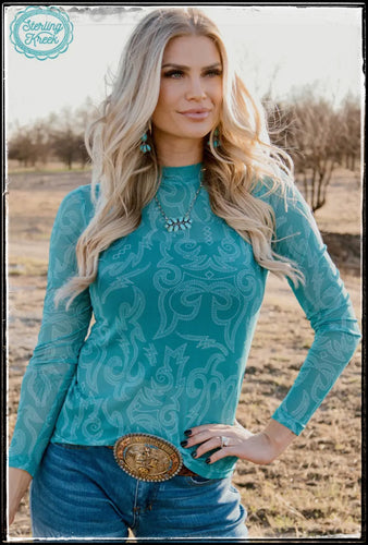 Cowboy stitch, turquoise mesh top from Sterling Kreek Clothing. Comes in sizes  XS - 3XL.