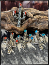 Load image into Gallery viewer, Del Arviso, Navajo silversmith. Tufa cast cactus pendants with a shepherd hook. Options come in coral or turquoise.