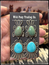 Load image into Gallery viewer, Kobe Martinez, Navajo silversmith. Turquoise double stone drops.
