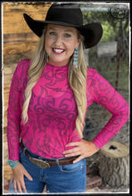Load image into Gallery viewer, Bootstitch Barbie Mesh Top. Pink mesh sheer top with longsleeves and a black printed bootstitch design.