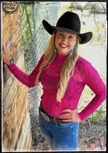 Load image into Gallery viewer, Bootstitch Barbie Mesh Top. Pink mesh sheer top with longsleeves and a black printed bootstitch design.