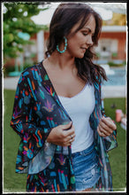 Load image into Gallery viewer, A black kimono with colorful cactus print.