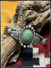Load image into Gallery viewer, Mike Caladito, Navajo silversmith.  Sterling silver and Kingman turquoise cuffs.  Cuff A.