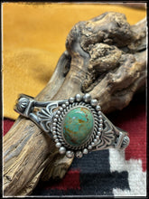 Load image into Gallery viewer, Mike Caladito, Navajo silversmith.  Sterling silver and Kingman turquoise cuffs.  Cuff B