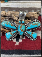 Load image into Gallery viewer, Rossella Paxson, Apache silversmith. Sterling silver and Kingman turquoise XL butterfly pendant with an XL bail.