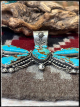 Load image into Gallery viewer, Rossella Paxson, Apache silversmith. Sterling silver and Kingman turquoise XL butterfly pendant with an XL bail.