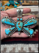Load image into Gallery viewer, Rossella Paxson, Apache silversmith. Sterling silver and Kingman turquoise XL butterfly pendant with an XL bail.