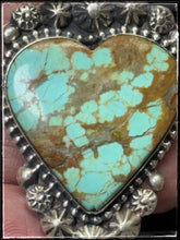 Load image into Gallery viewer, Rosella Paxson, Apache artist. Sterling silver and #8 turquoise pendant. Please note the fissure and natural inclusions in the lower portion of the stone.
