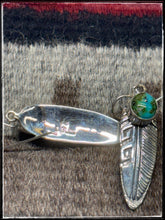 Load image into Gallery viewer, Sterling silver and Sonoran Gold turquoise stones, on overlay feather earrings on French wires. Navajo handmade. Hallmark stamp.