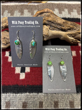 Load image into Gallery viewer, Sterling silver and Sonoran Gold turquoise stones, on overlay feather earrings on French wires. Navajo handmade.