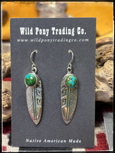 Load image into Gallery viewer, Sterling silver and Sonoran Gold turquoise stones, on overlay feather earrings on French wires. Navajo handmade.