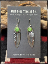 Load image into Gallery viewer, Sterling silver and Sonoran Gold turquoise stones, on overlay feather earrings on French wires. Navajo handmade.
