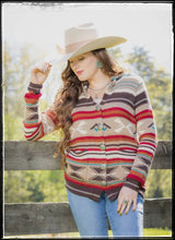 Load image into Gallery viewer, Button up, long sleeve, reds and neutrals soft winter cardigan sweater.