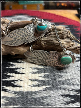 Load image into Gallery viewer, Sterling silver and Kingman turquoise, laser cut feather necklaces on a 16&quot; chain.
