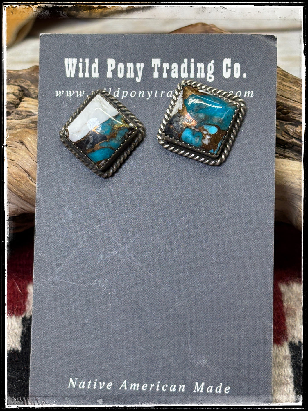 Judith Dixon, Navajo silversmith.  Sterling silver and Kingman krush stud earrings.