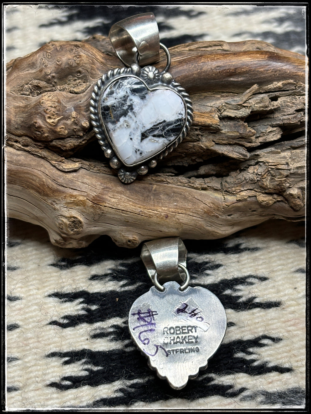 Robert Shakey, Navajo silversmith - white Buffalo heart pendants - hallmark