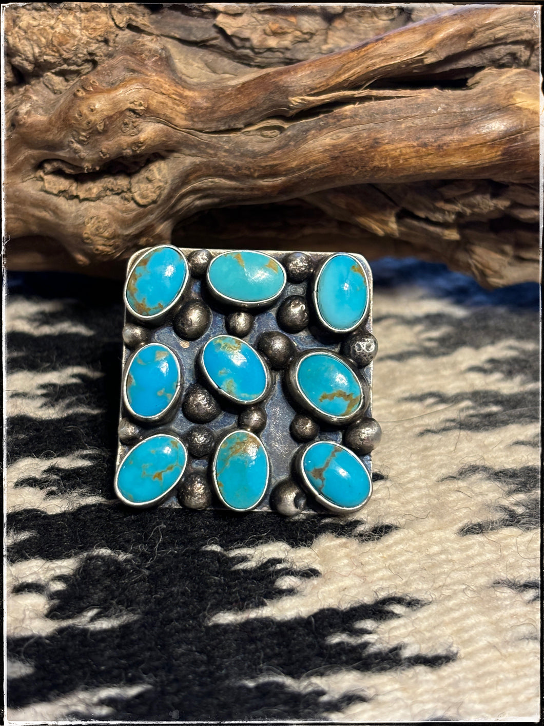 Shiela Becenti, sterling silver and turquoise square cluster ring..