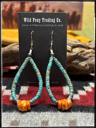 Kingman Turquoise Heishi Bead Earrings W/ Orange Spiny Tabs