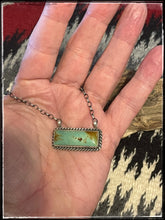 Load image into Gallery viewer, Sterling silver and Kingman turquoise 1 1/4&quot; bar necklace from Navajo silversmith Augustine Largo. 
