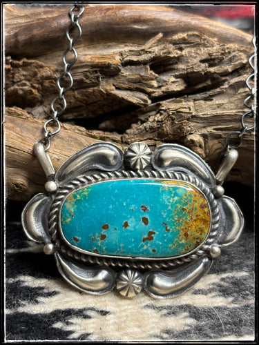 Jeff James Jr., Navajo silversmith.  Turquoise and sterling silver necklace. 