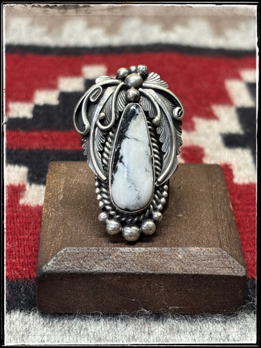 Jimmy Lee, Navajo silversmith.  Sterling silver and White Buffalo ring with an adjustable band. 