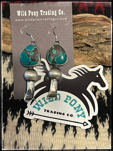 Tia Long, navajo silversmith, turquoise  and sterling silver squash blossom earrings 