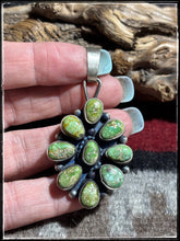 Load image into Gallery viewer, Travis Jim, Navajo silversmith.  Sterling silver and Golden Hills turquoise cluster pendant. 
