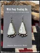 Load image into Gallery viewer, Blaine Yellowhorse, Navajo silversmith.  White buffalo and sterling silver drop earrings.
